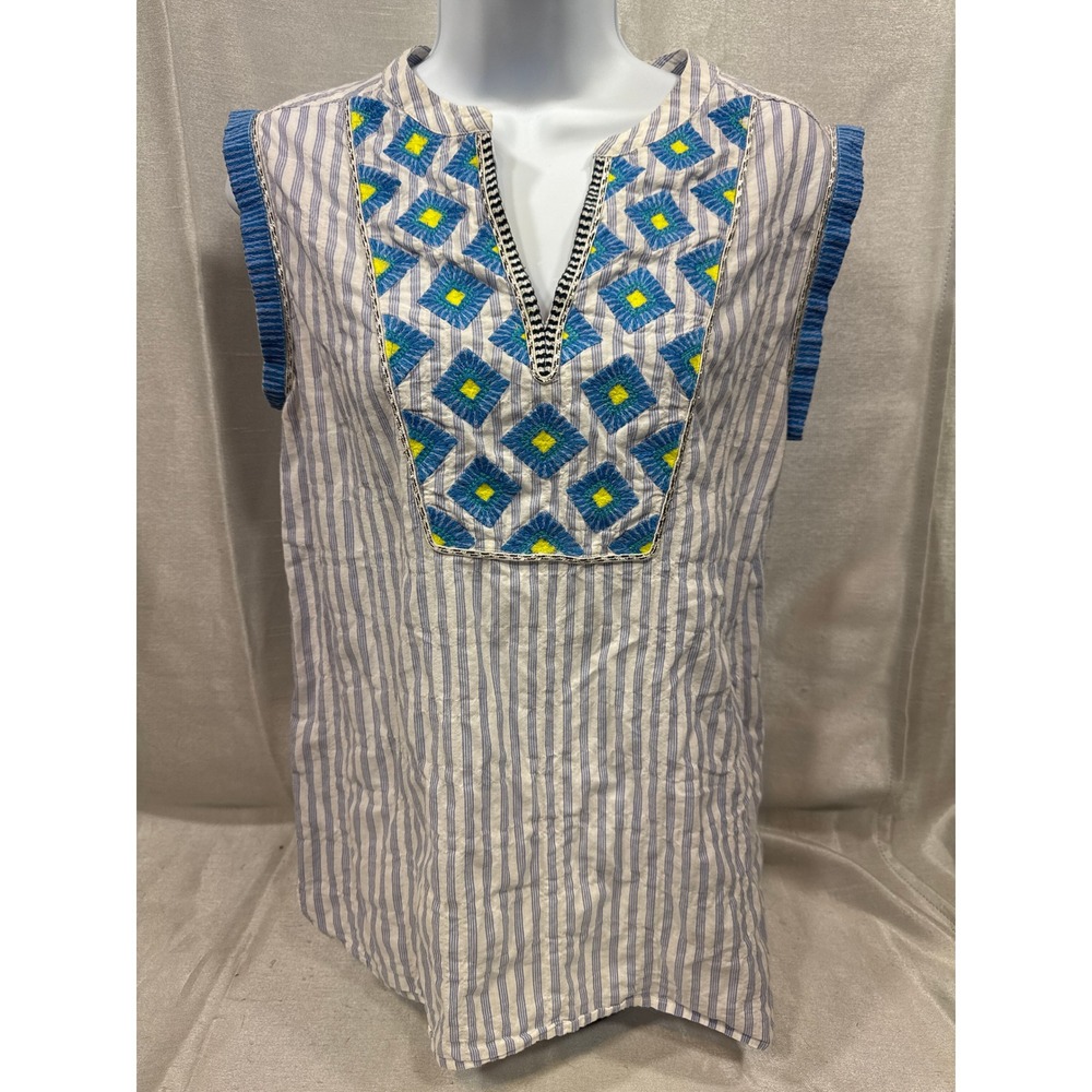 J.Crew‎ Blue White Striped Embroidered Bib Sleeveless Top Size 2 Split Neck